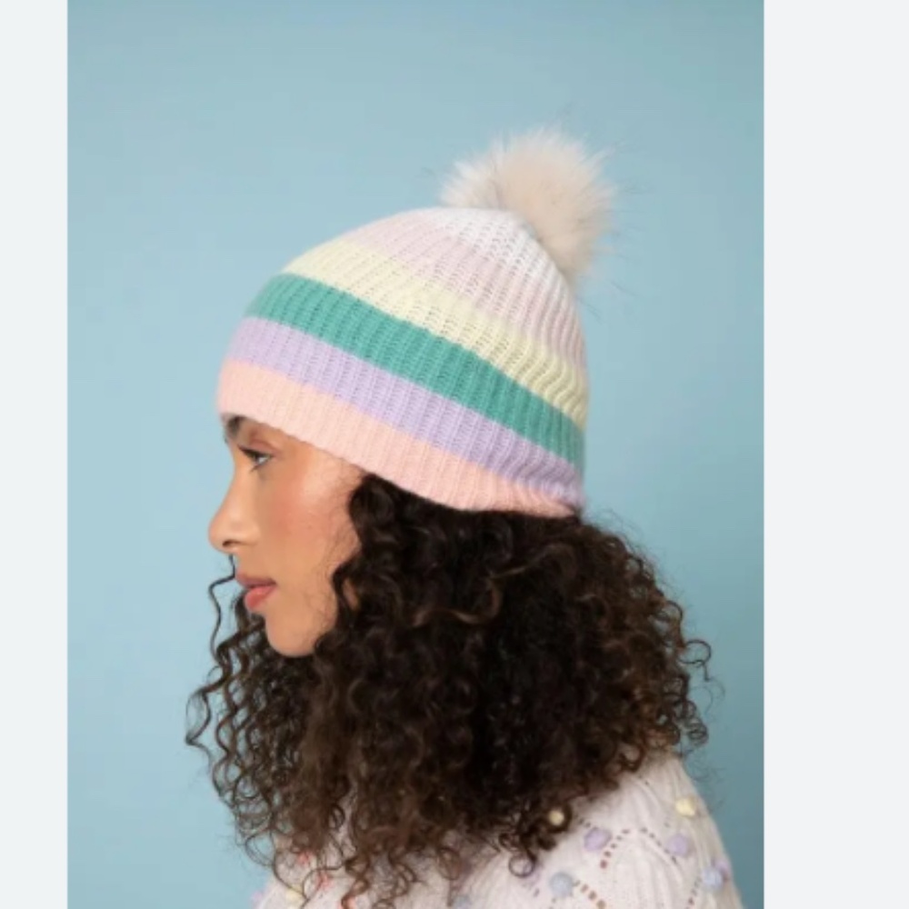 27 MILES MALIBU WOMENS STRIPED POM 100% CASHMERE LUXE BEANIE SOFT ONE SIZE COLOR